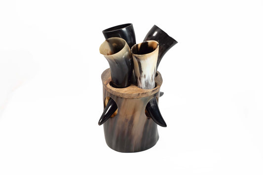 Viking Horn Mug Set of 4 with Wooden Horn Stand | OnlyViking