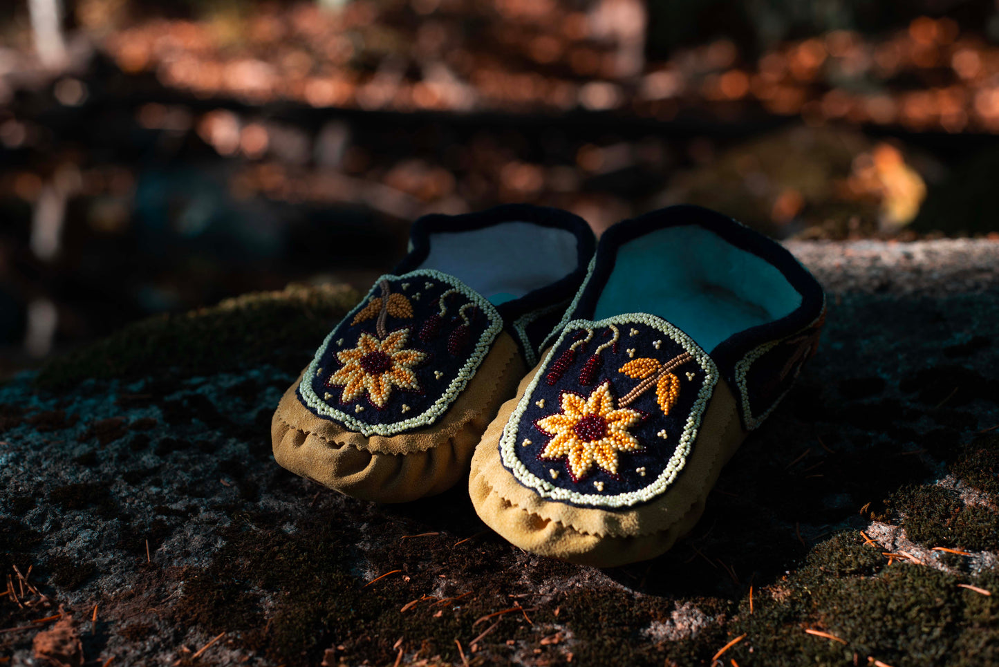 Leather Handmade Beaded Sun Flower Moccasins | OnlyViking