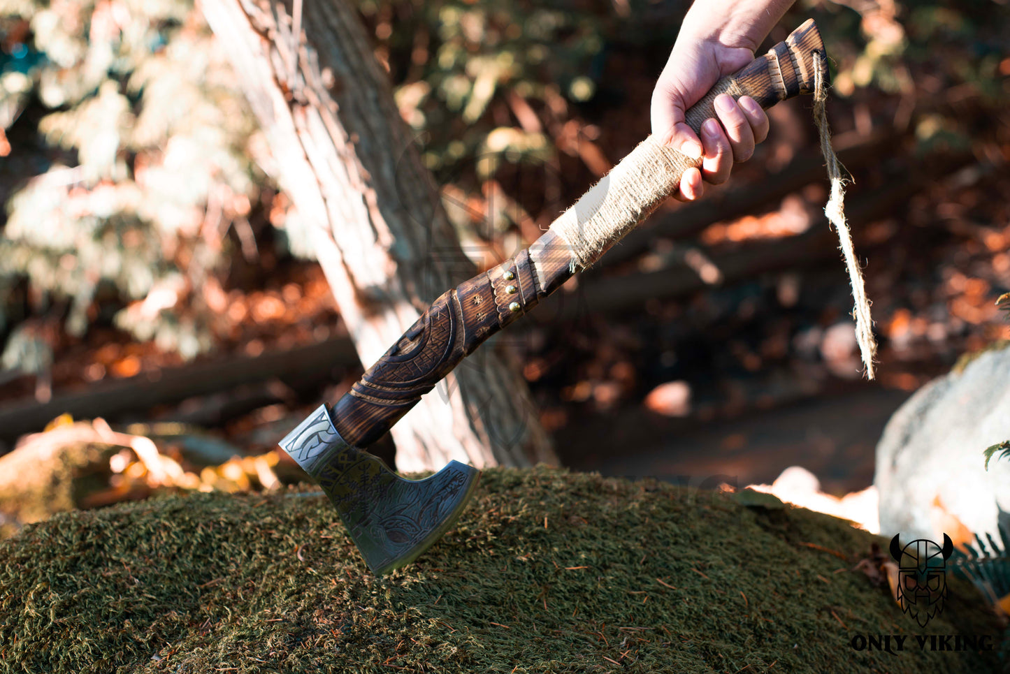 Viking Brand Custom Rustic Viking Axe with Burnt Wood Handle and Rope Design | OnlyViking