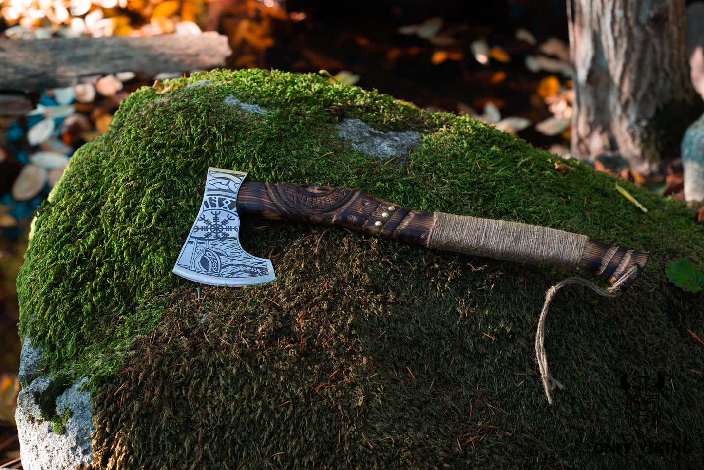 Viking Brand Custom Rustic Viking Axe with Burnt Wood Handle and Rope Design | OnlyViking