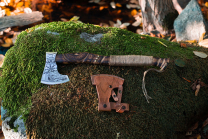 Viking Brand Custom Rustic Viking Axe with Burnt Wood Handle and Rope Design | OnlyViking