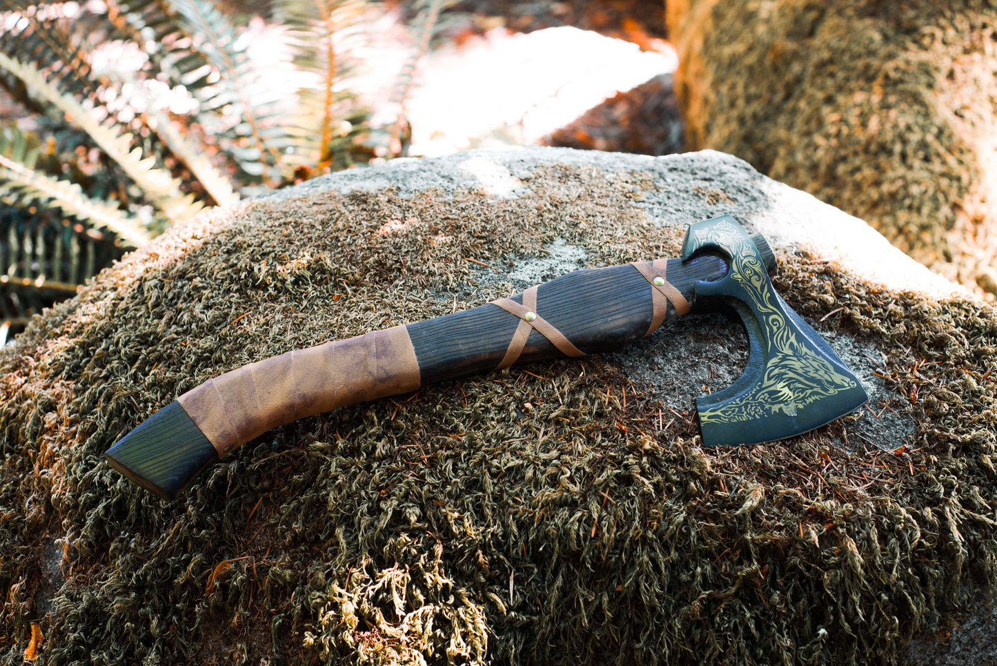 Burnt Wood Axe Brown Leather Handle | Only Viking