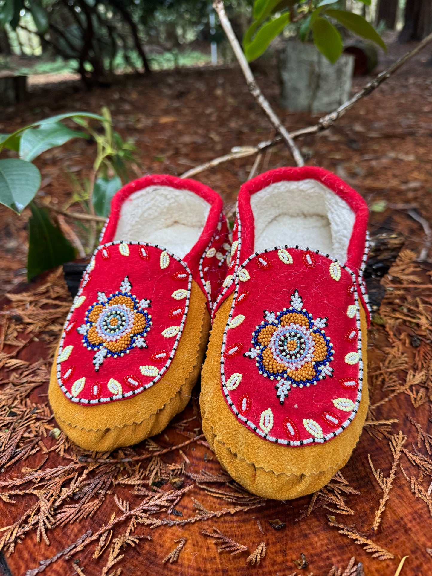 Women's Beaded Moccasins – Genuine Tan Suede with Red Base and Floral Beadwork