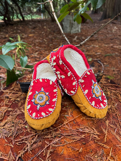 Women's Beaded Moccasins – Genuine Tan Suede with Red Base and Floral Beadwork