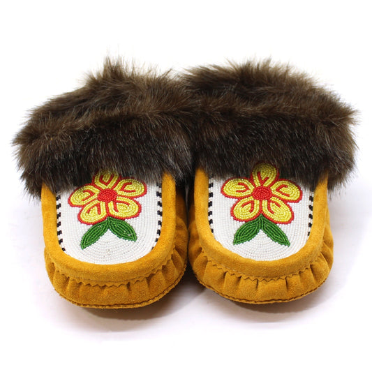 Wholesale Handmade Moccasins with Intricate bead-work and artificial fur | Yellow Flower | OnlyViking