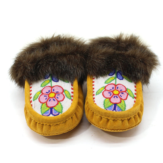 Wholesale Handmade Moccasins with Intricate bead-work and artificial fur | Pink flower Green Leaf | OnlyViking