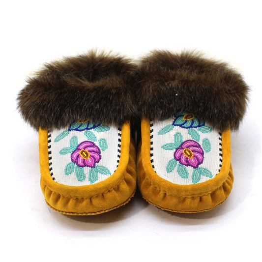 Wholesale Handmade Moccasins with Intricate bead-work and artificial fur | Pink flower Blue Leaf | OnlyViking