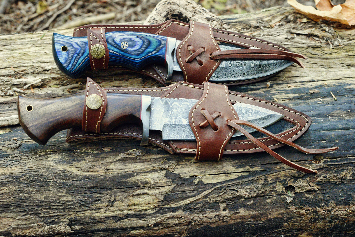 Damascus Knife - Premium Quality Hunting and Camping Tool with Walnut Wood Handle and Leather Sheath| Anniversary gifts | Gift for him